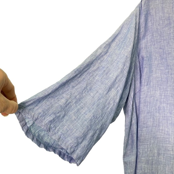 Tahari 100% Linen V-Neck Hooded 3/4 Sleeve Button Back Tunic Top Blue (Size 3X) - Picture 3 of 13